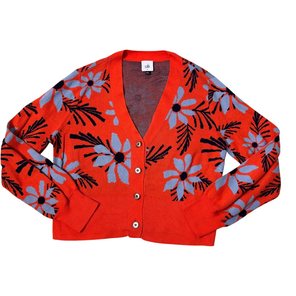 Cabi Red Floral Palm Leaf V-Neck Button Front Cardigan Sweater 6240 Medium